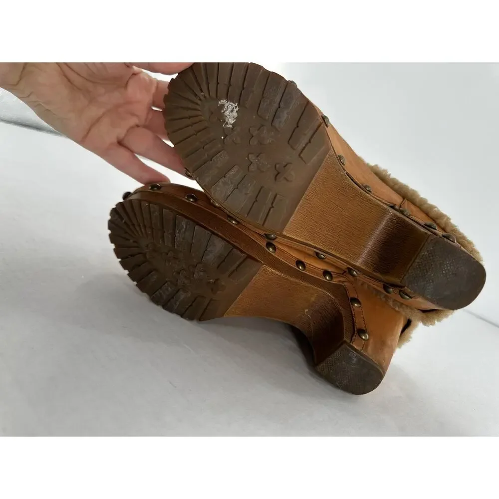 Vtg Staccato Clogs Leather Wood Heel Stutted Shearling Y2K Size 9 Bratz